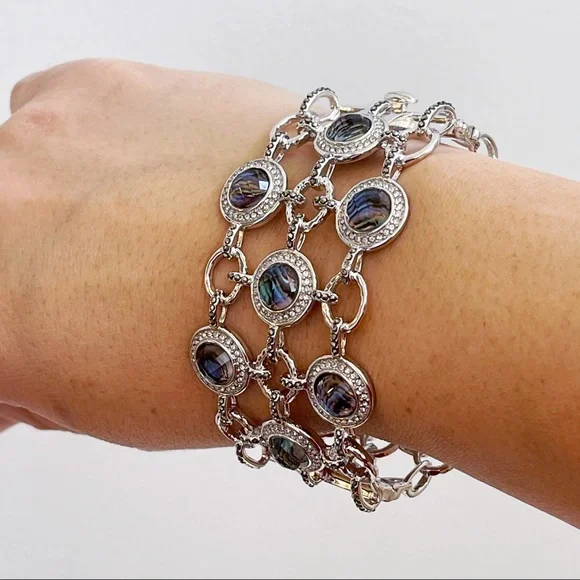 Silver Tone Hematite Labradorite CZ Cuff Bracelet